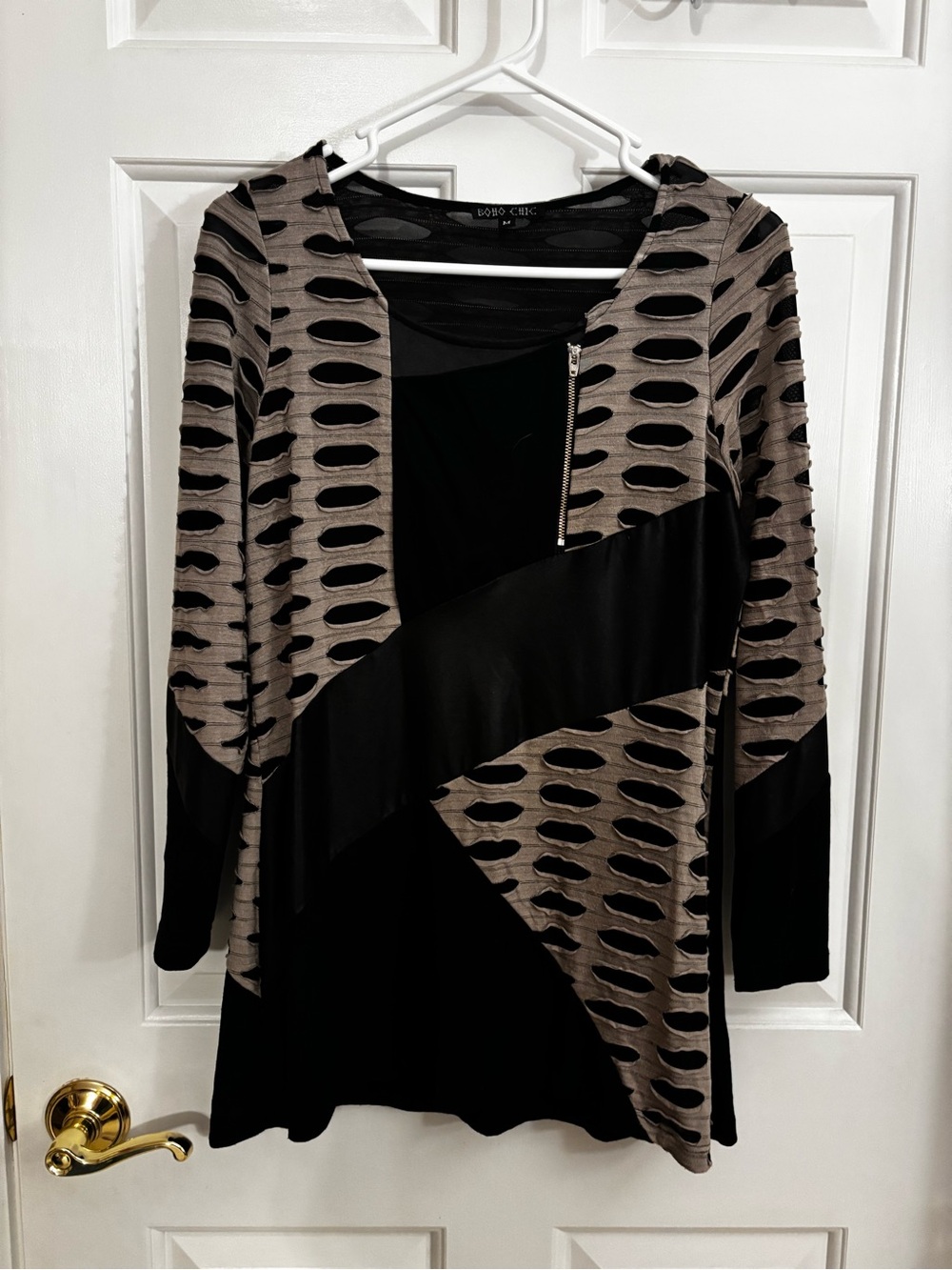 Black and Taupe Patterned Long Sleeve Shirt